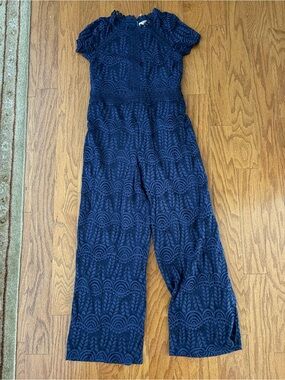 GB girls Navy Lace-Pattern Short-Sleeve Jumpsuit